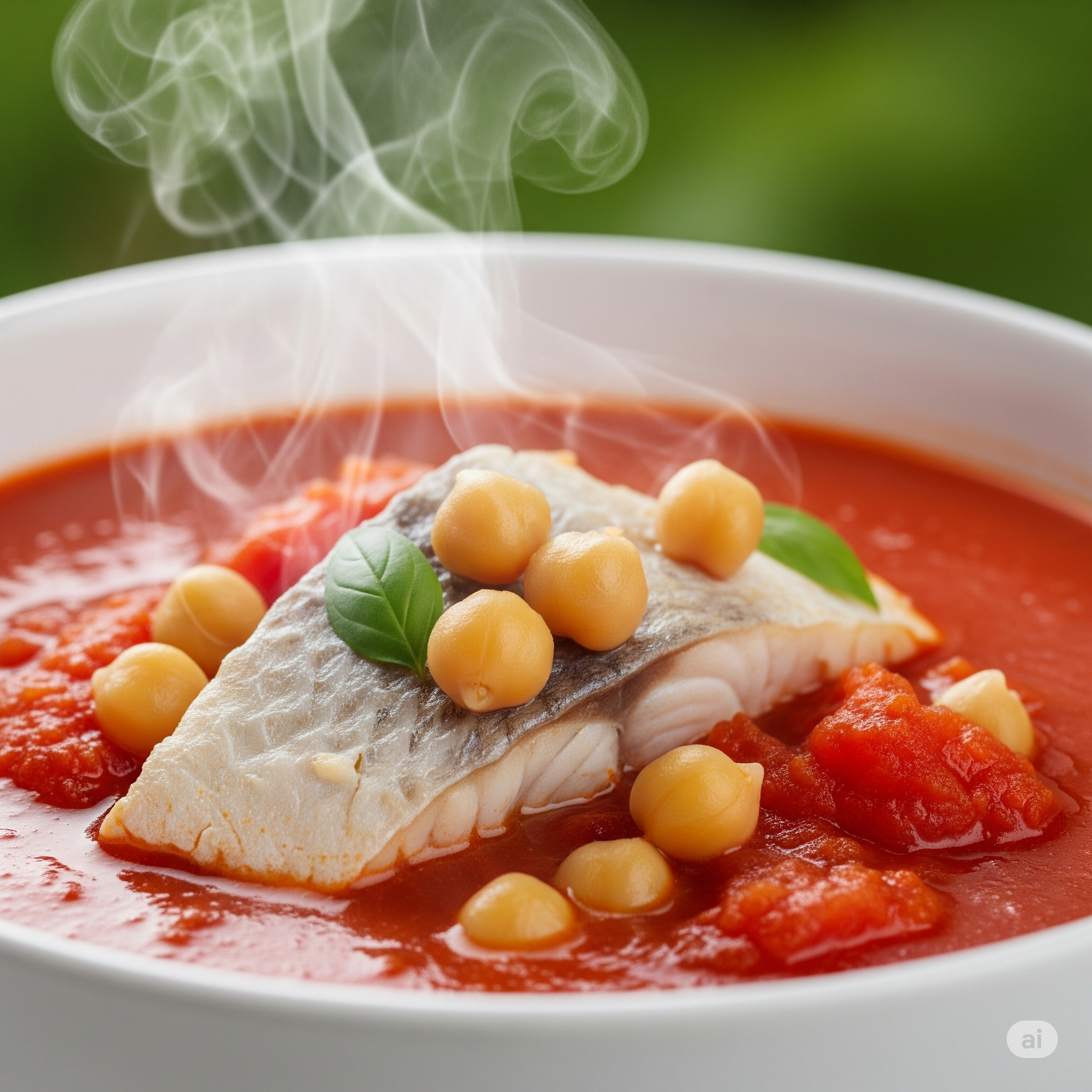 Tomatensuppe mit Fisch und Kichererbsen