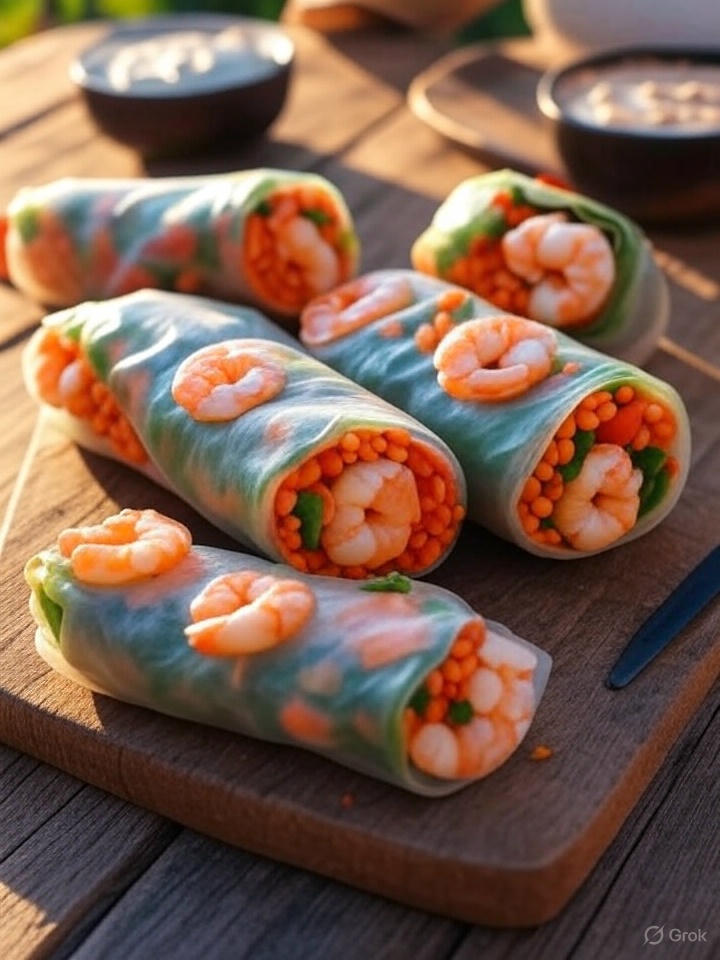 Mediterrane Sommerrollen mit Roten Linsen, Garnelen und Sojadip