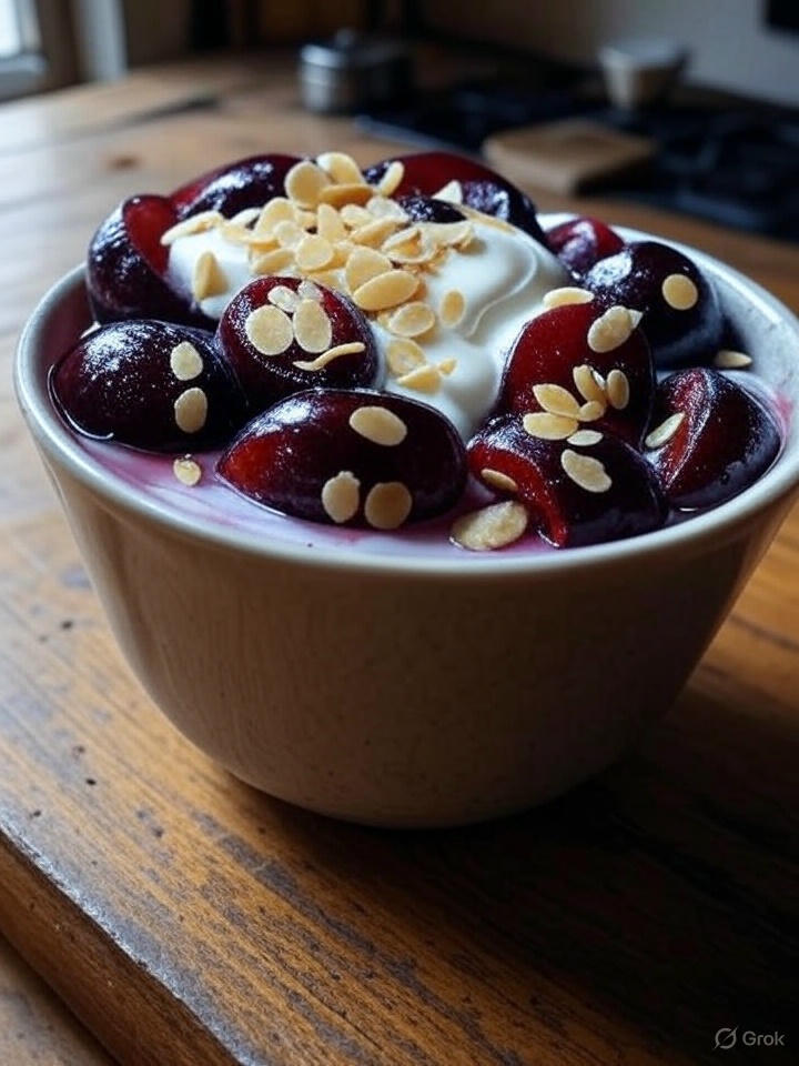 Glühwein-Zwetschgen mit Vanillequark und gerösteten Mandelblättchen