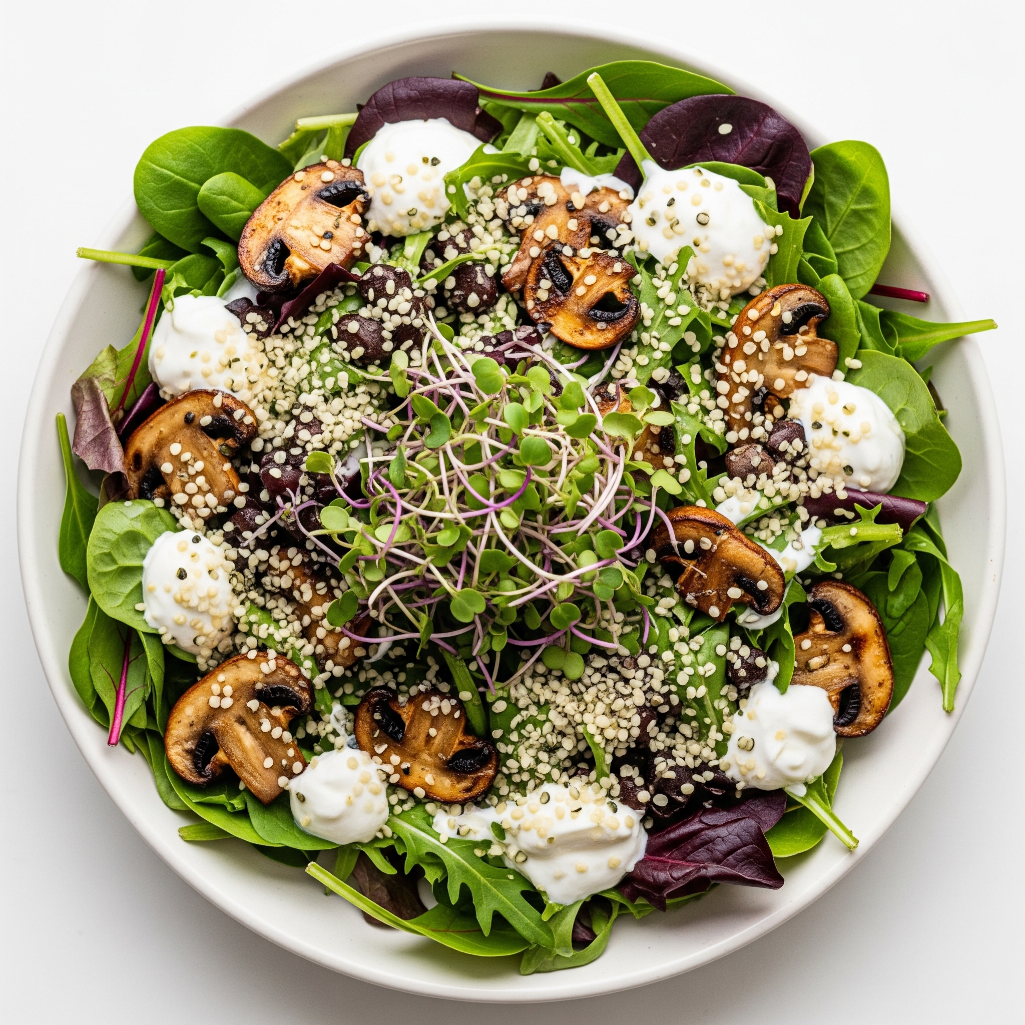 Salat mit Joghurt-Vinaigrette, gebratenen Pilzen, Hanfsamen und Sprossen